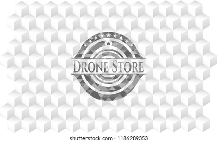 Drone Store grey emblem. Retro with geometric cube white background