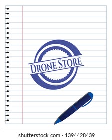 Drone Store pen strokes emblem. Blue ink. Vector Illustration. Detailed.