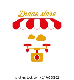 Drone Store Sign, Emblem. Red and White Striped Awning Tent. Quadrocopter Icon. Gold and Red Colors. Flat Vector Illustration.