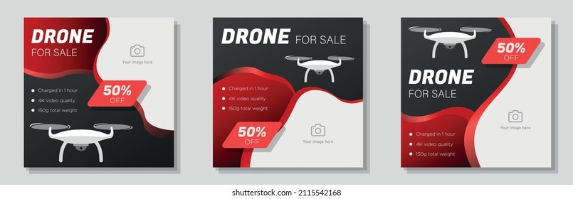 Drone store social media post, banner set, flying drone for sale advertisement concept, aircraft with camera marketing square ad, abstract print, isolated on background.