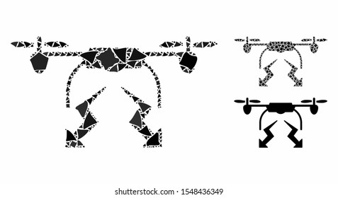 Drone strike composition of ragged parts in variable sizes and shades, based on drone strike icon. Vector abrupt parts are united into composition. Drone strike icons collage with dotted pattern.