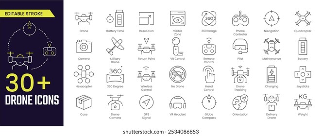 Icono de Drone Stroke colecciones. Contiene Drone, Tiempo de Batería, Resolución, Navegación, Mantenimiento, Seguimiento de Drones, Señal GPS, Cámara de Drones e iconos de Control Inalámbrico. Icono de trazo editable colección