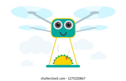 Drone Taco Delivery Concept Vector Illustration. Quadcopter transporting taco, food. Flat style design.