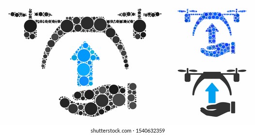 Drone takeoff composition of filled circles in various sizes and color hues, based on drone takeoff icon. Vector dots are grouped into blue composition.