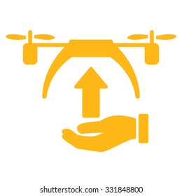 Drone Takeoff vector icon. Style is flat symbol, yellow color, rounded angles, white background.