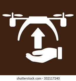 Drone Takeoff vector icon. Style is flat symbol, white color, rounded angles, brown background.