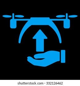 Drone Takeoff vector icon. Style is flat symbol, blue color, rounded angles, black background.