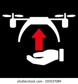 Drone Takeoff vector icon. Style is bicolor flat symbol, red and white colors, rounded angles, black background.
