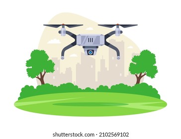drone takes off from a green field. fly over the ground. flat vector illustration.