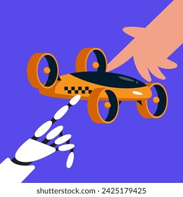 Drone Taxi. Human and AI collaboration in the production of flying taxis. Flat vector illustration.