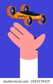 Drone Taxi. Man launches a flying taxi. Ai drones. Flat vector illustration.