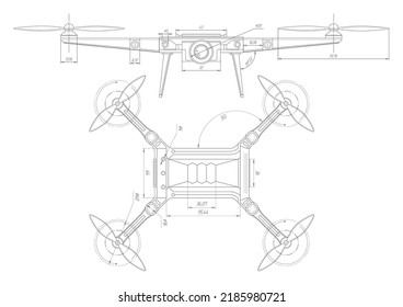 Drone technical drawing.Technological innovation.Flying robot outline.Vector illustration.