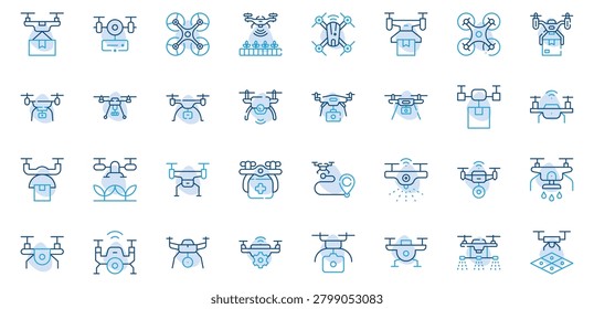 Drone Technology and Aerial Delivery Line Icons Set Quadcopter, Camera Drone, Delivery Drone, Agricultural Drone Editable Stroke Vector Illustration