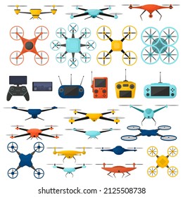 Drone technology aerial gadgets, unmanned aerial quadcopters. Modern multicolored aerial copters vector symbols set. Delivery flying drones. Devices for air photo and video recording