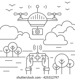 Drone technology - aerial photography and videography by drones - modern vector concept with drone and remote control. Illustration of future technologies and innovation.