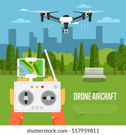 Drone technology banner with remotely controlled flying robots in park vector illustration. Radio controller with smartphone for piloting multicopter. Unmanned aerial vehicle. Modern flying device