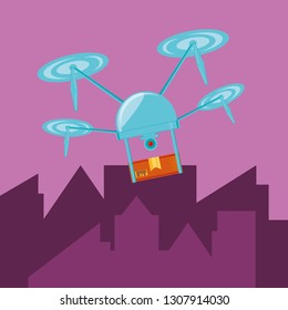 drone technology with box carton in cityscape