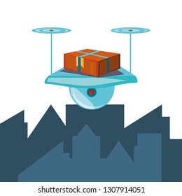 drone technology with box carton in cityscape