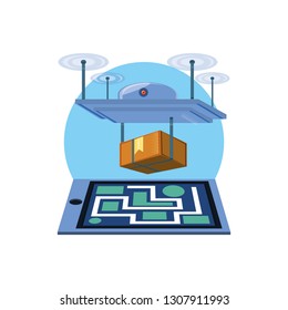 drone technology with box carton and paper map
