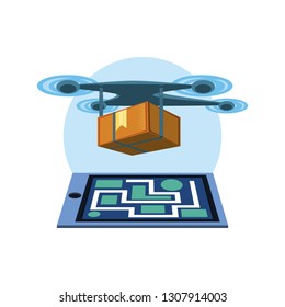 drone technology with box carton and paper map