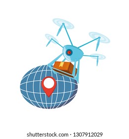 drone technology with box carton and sphere planet