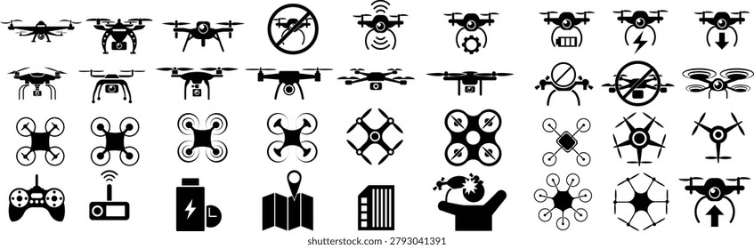 Drone technology collection with quadcopter, aerial photography and UAV control symbols