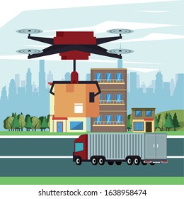 drone technology flying with box on the city vector illustration design