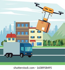 drone technology flying with box on the city vector illustration design