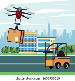 drone technology flying with box on the city vector illustration design