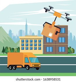 drone technology flying with box on the city vector illustration design