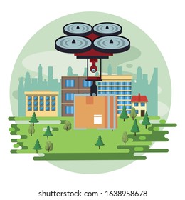 drone technology flying with box on the city vector illustration design
