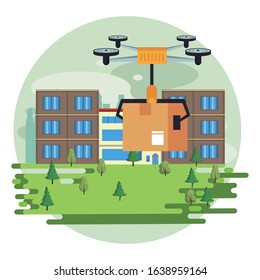 drone technology flying with box on the city vector illustration design