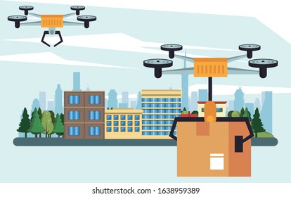 drone technology flying with box on the city vector illustration design