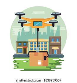drone technology flying with box on the city vector illustration design