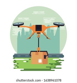drone technology flying with box on the city vector illustration design