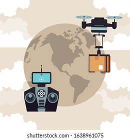 drone technology flying with box in the planet earth vector illustration design