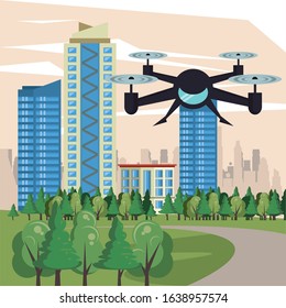 drone technology flying on the city vector illustration design