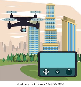 drone technology flying on the city vector illustration design