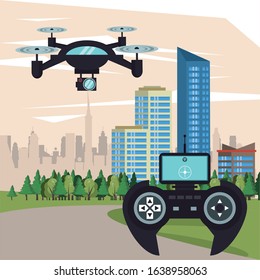 drone technology flying on the city vector illustration design