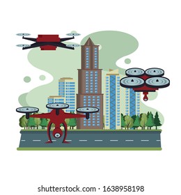 drone technology flying on the city vector illustration design