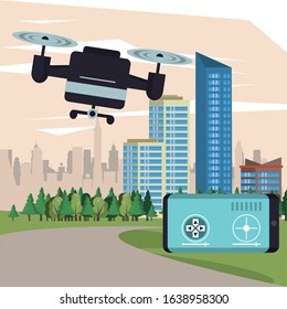 drone technology flying on the city vector illustration design