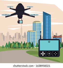 drone technology flying on the city vector illustration design