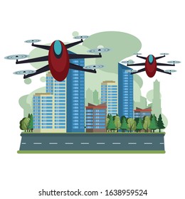 drone technology flying on the city vector illustration design