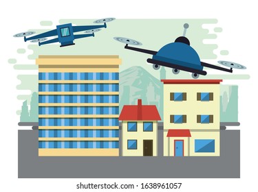 drone technology flying on the city vector illustration design