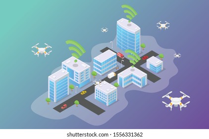 Drone Technology Flying In Top Of Smart City With Isometric Modern Flat Style - Vector