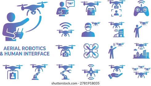 Drone technology icons featuring pilots remote controls and aerial surveillance for robotics.