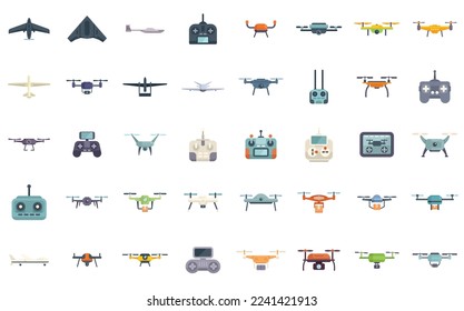 Drone technology icons set flat vector. Vr delivery. Helicopter survey isolated