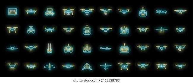 Symbole der Drohnentechnologie legen die Vektorgrafik der Umrisse fest. VR-Lieferung. Helikopter Umfrage Neonfarbe auf Schwarz