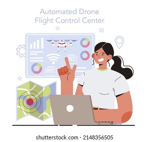 Drone technology. Innovative aerial vehicle engineering, piloting and flight control center. Remotely-piloted aircraft, modern technology development. Flat vector illustration