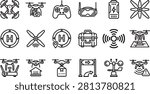 Drone technology line icon set, unmanned aerial vehicle equipment collection, 18 vector icons for quadcopter delivery and remote control flight